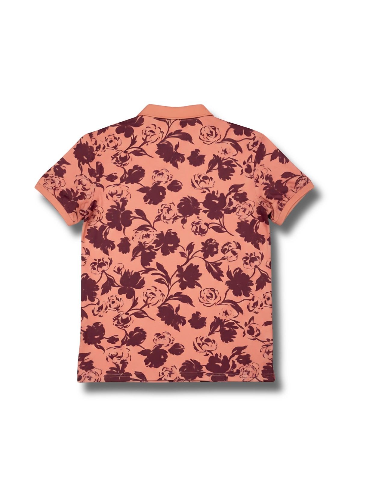 Back view of peach base polo T-shirt with wine floral pattern in premium cotton