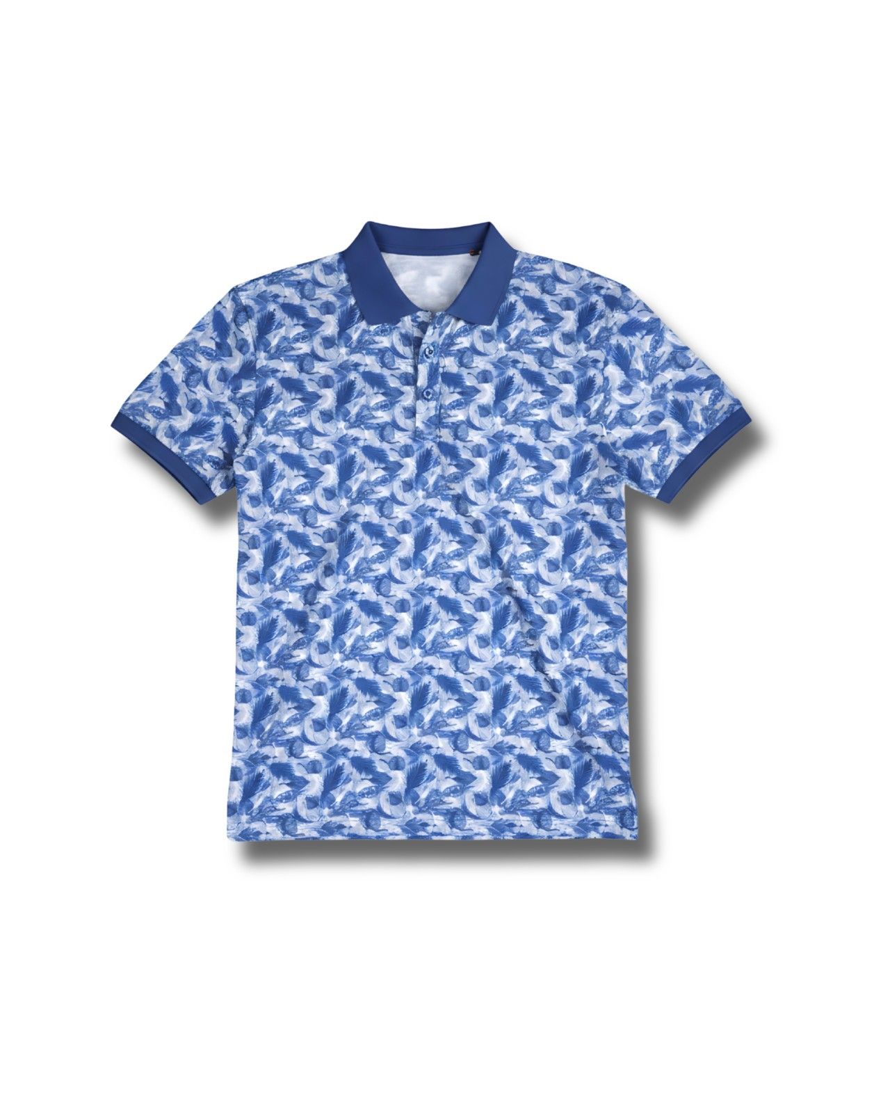 Blue and white leaf tropical print polo t-shirt in premium cotton