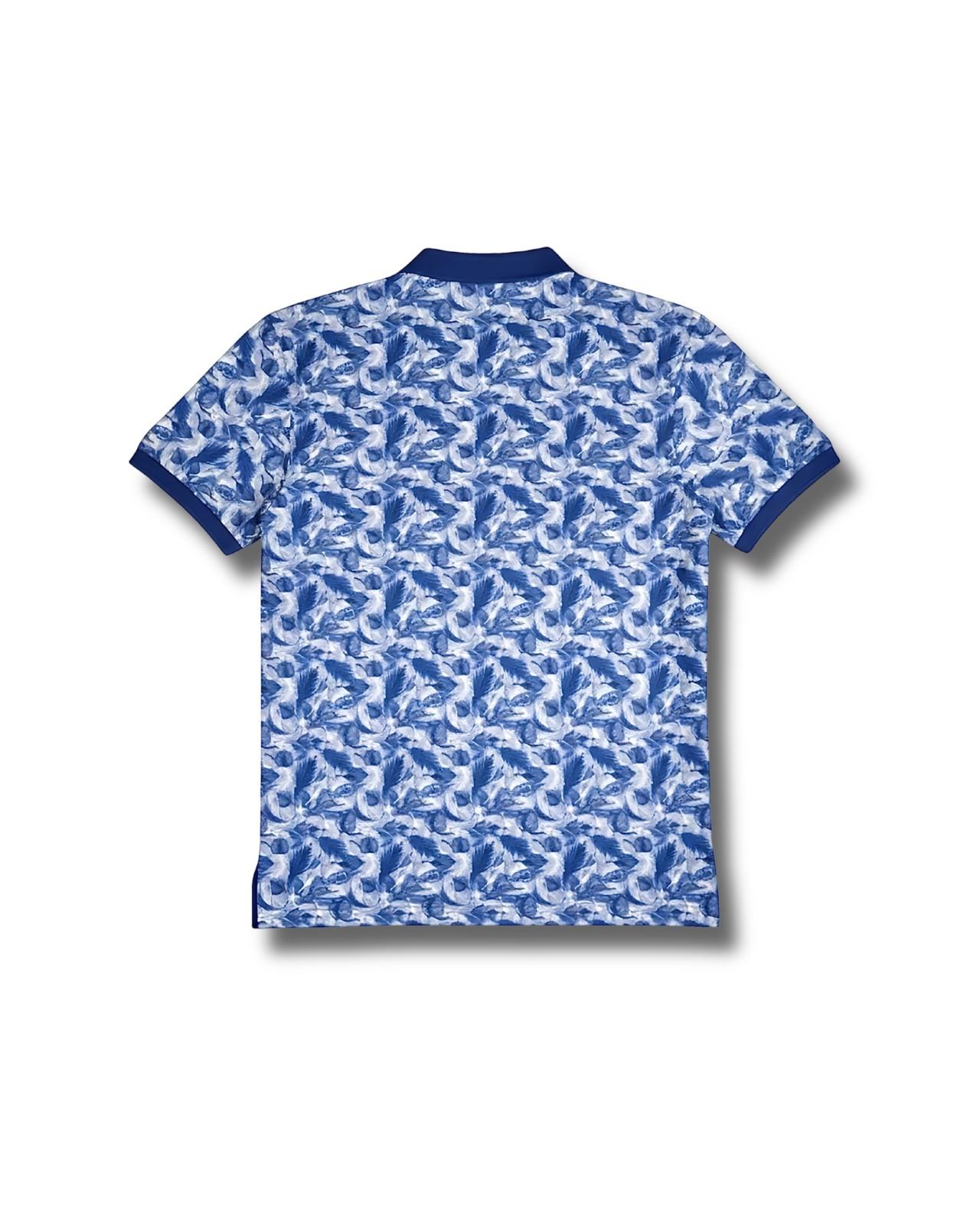 Back view of blue and white leaf tropical print polo T-shirt in premium cotton