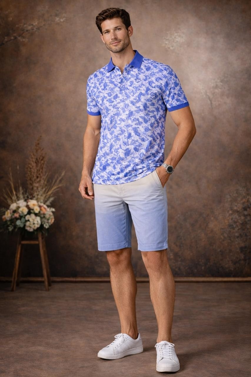 Blue and white leaf print polo T-shirt collar detail