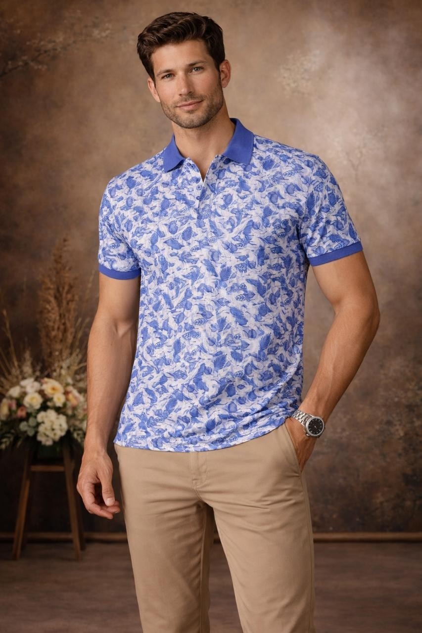 Men wearing blue and white leaf tropical print polo T-shirt