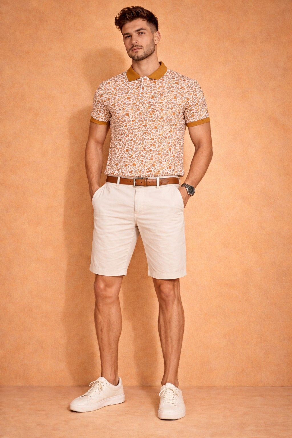 Back view of cream printed polo T-shirt with mustard pattern