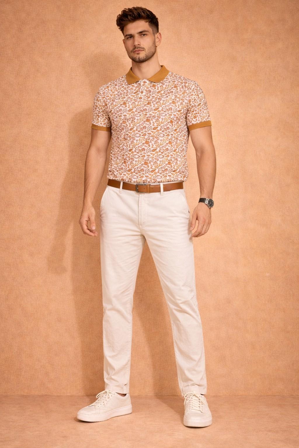 Classic cream printed polo T-shirt with mustard design front view