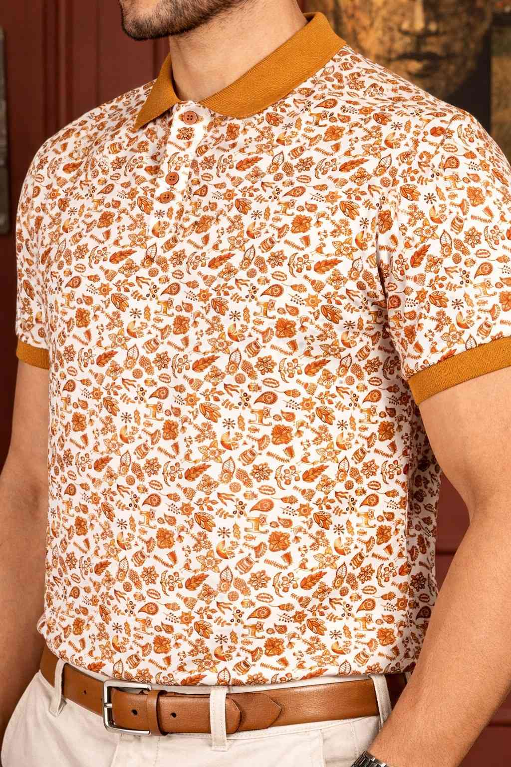 Men wearing cream printed polo T-shirt with mustard design
