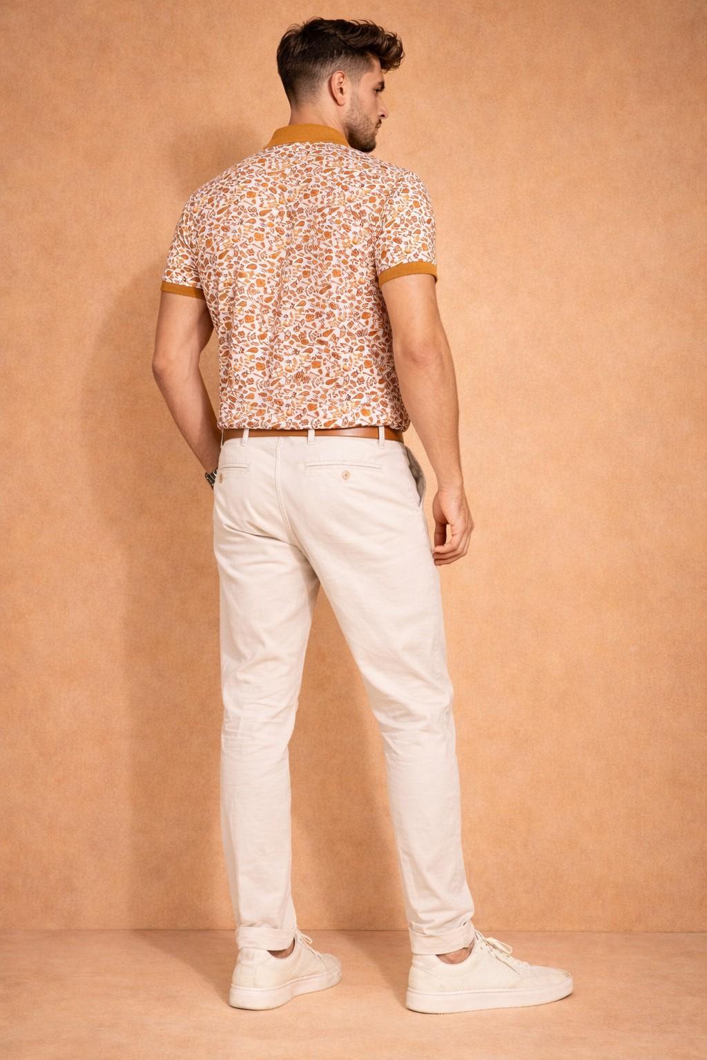 Lifestyle image presenting the polo T-shirt styled casually, highlighting comfort, fit, and modern printed appeal.