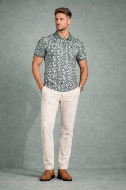 Green Floral Printed Cotton Slim Fit Polo T-Shirt