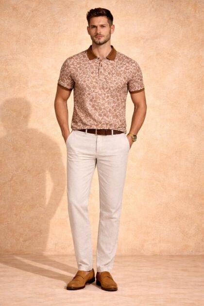 Elegant Coffee Brown Paisley Slim Fit Cotton Polo T-Shirt
