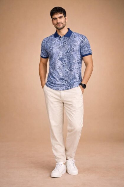 Mermaid blue polo t-shirt with mosaic print front view