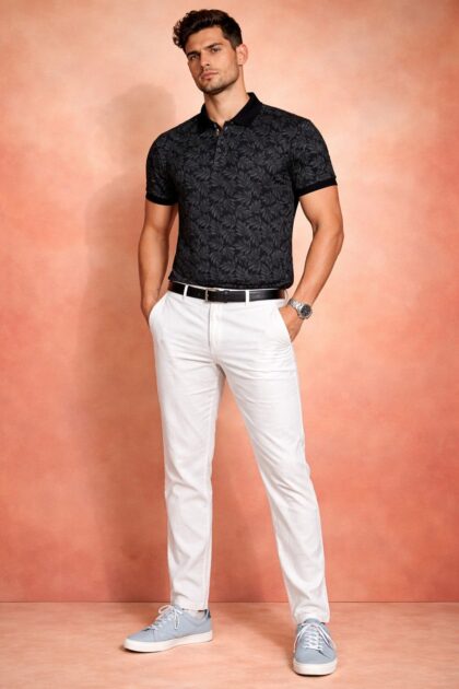 Midnight Black Leaf Print Polo T-Shirt