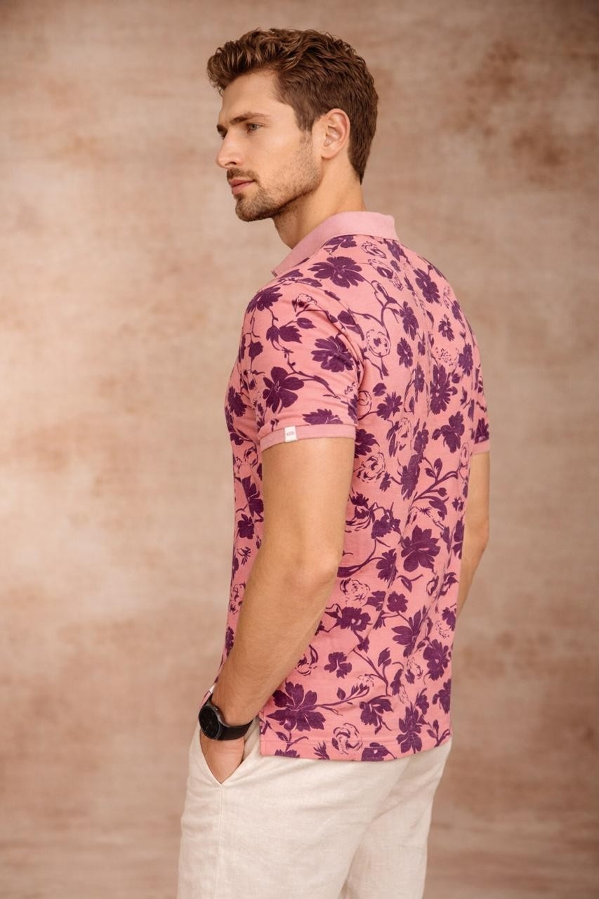 side vīew of peach polo tshirt