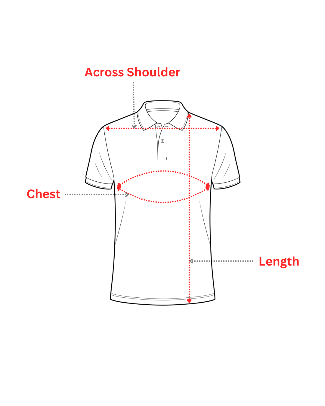 Men’s polo T-shirt size chart showing chest, shoulder, and length measurements for perfect fit
