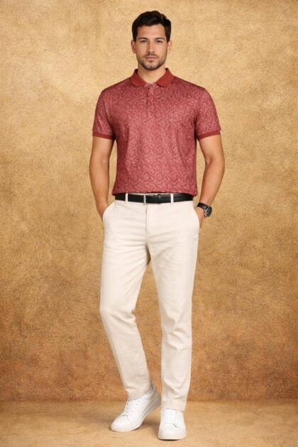 Red Wine Botanical Leaf Print Slim Fit Polo T-Shirt